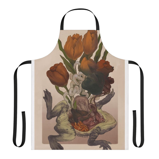 Frog dissection apron featuring scientific illustrations and anatomical details
