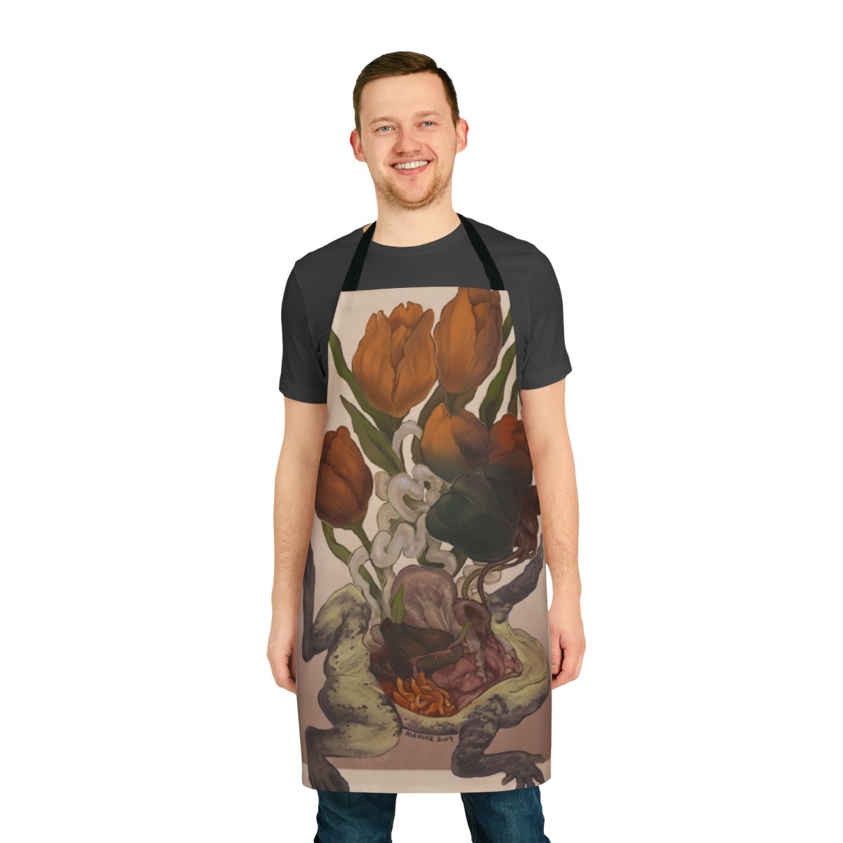 Frog dissection apron featuring scientific illustrations and anatomical details