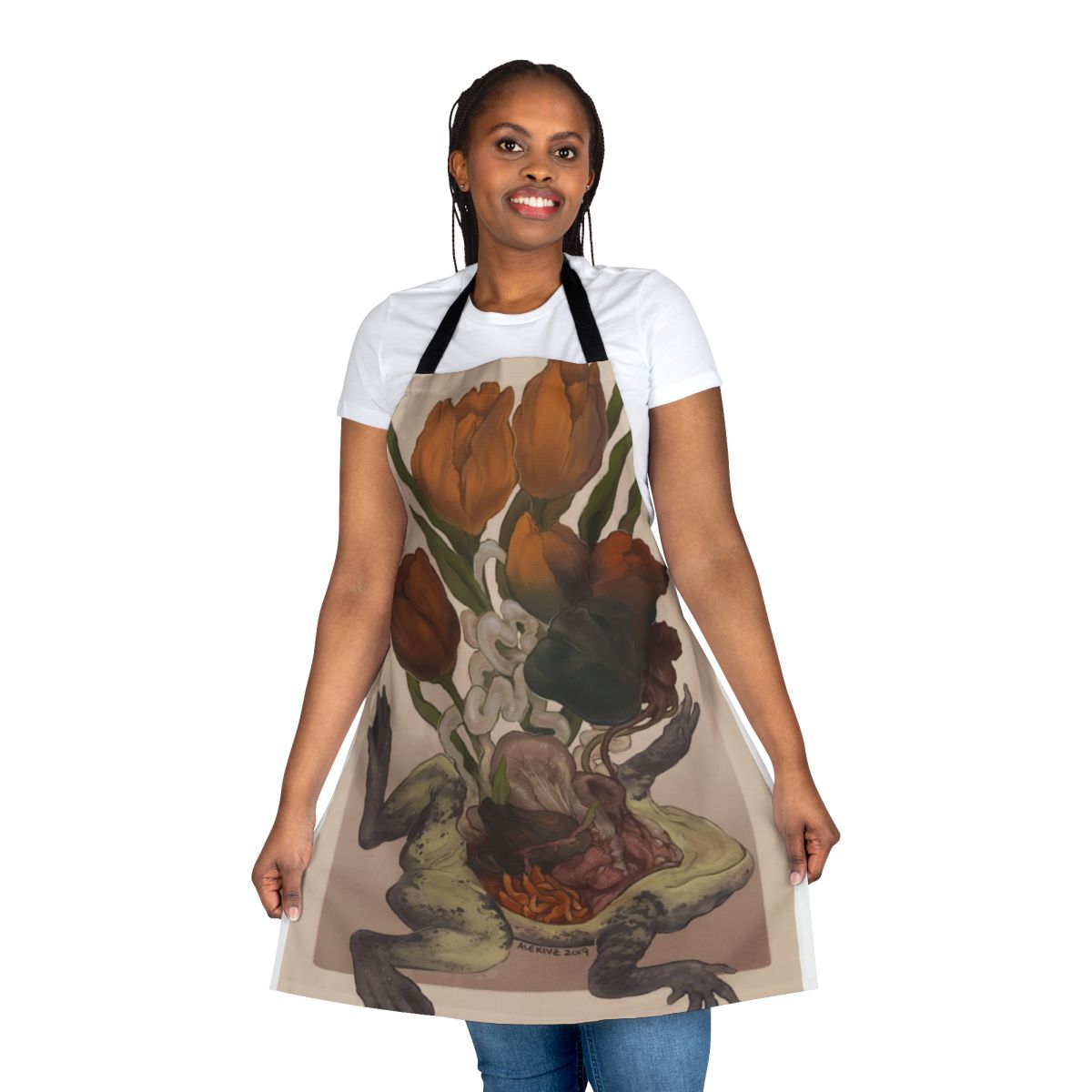 Frog dissection apron featuring scientific illustrations and anatomical details