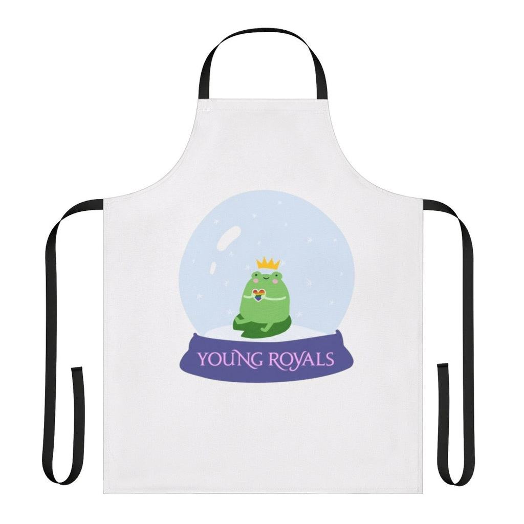 A snow globe-themed apron featuring the characters Wilhelm and Simon from the Swedish drama series Young Royals.