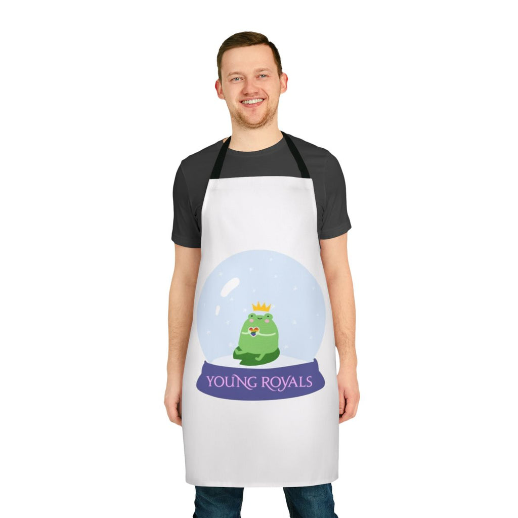 A snow globe-themed apron featuring the characters Wilhelm and Simon from the Swedish drama series Young Royals.