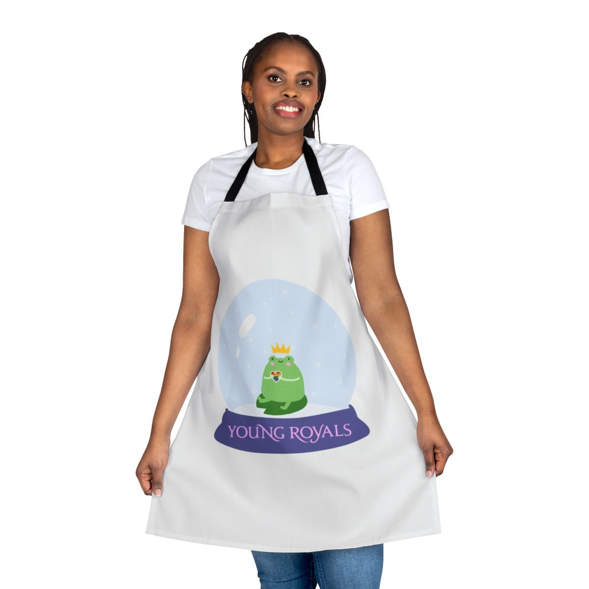 A snow globe-themed apron featuring the characters Wilhelm and Simon from the Swedish drama series Young Royals.