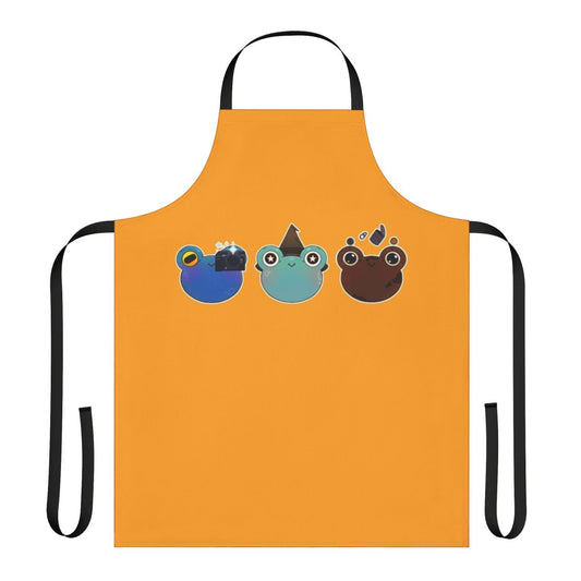 Froggy Hobbies Apron featuring a cartoon design of frogs and various hobbies