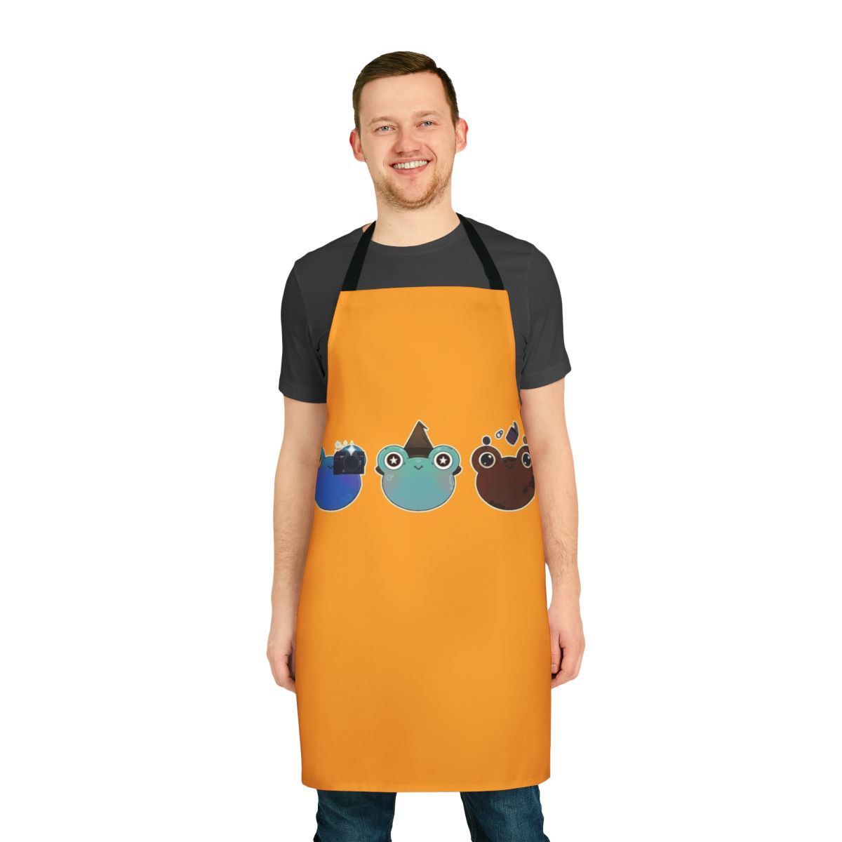 Froggy Hobbies Apron featuring a cartoon design of frogs and various hobbies