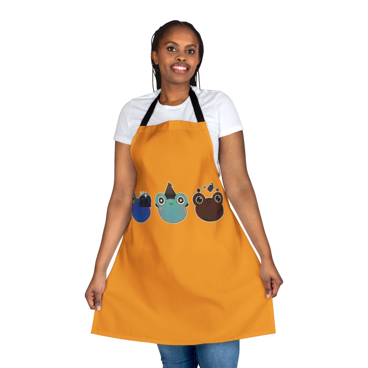 Froggy Hobbies Apron featuring a cartoon design of frogs and various hobbies