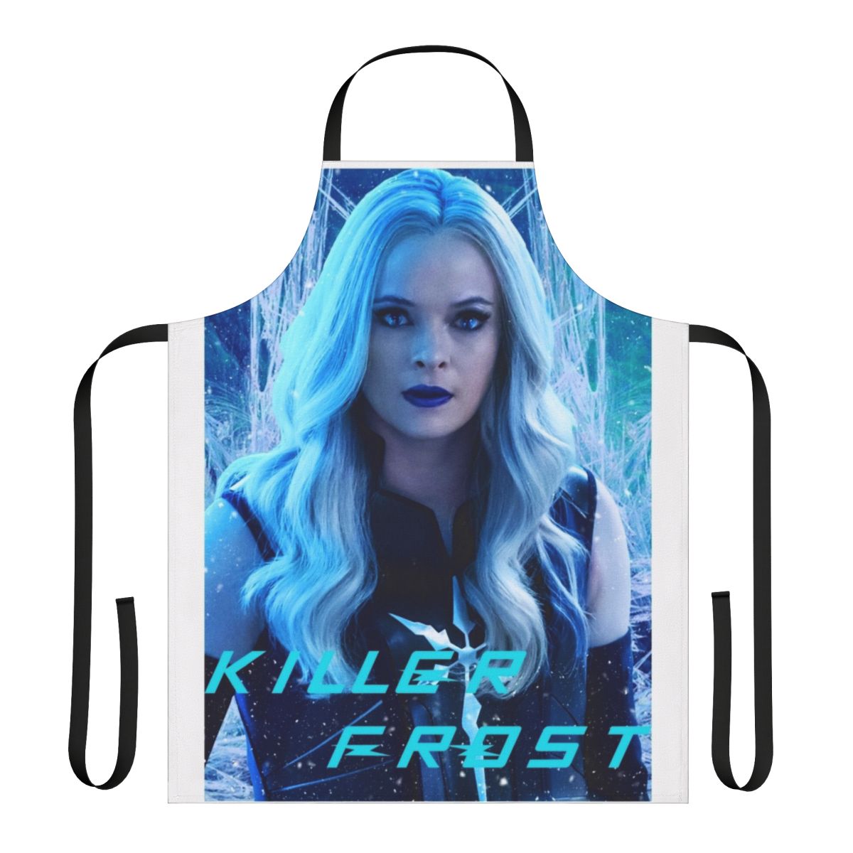 A frost-themed apron with a cool, icy design, perfect for superhero or villain fans in the kitchen.