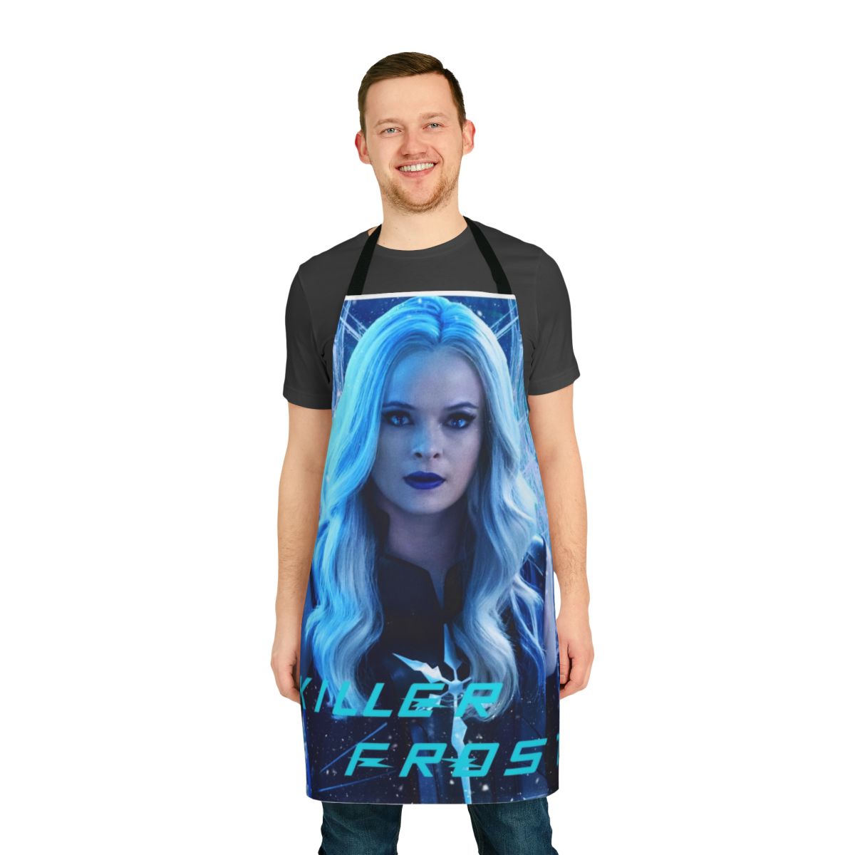 A frost-themed apron with a cool, icy design, perfect for superhero or villain fans in the kitchen.