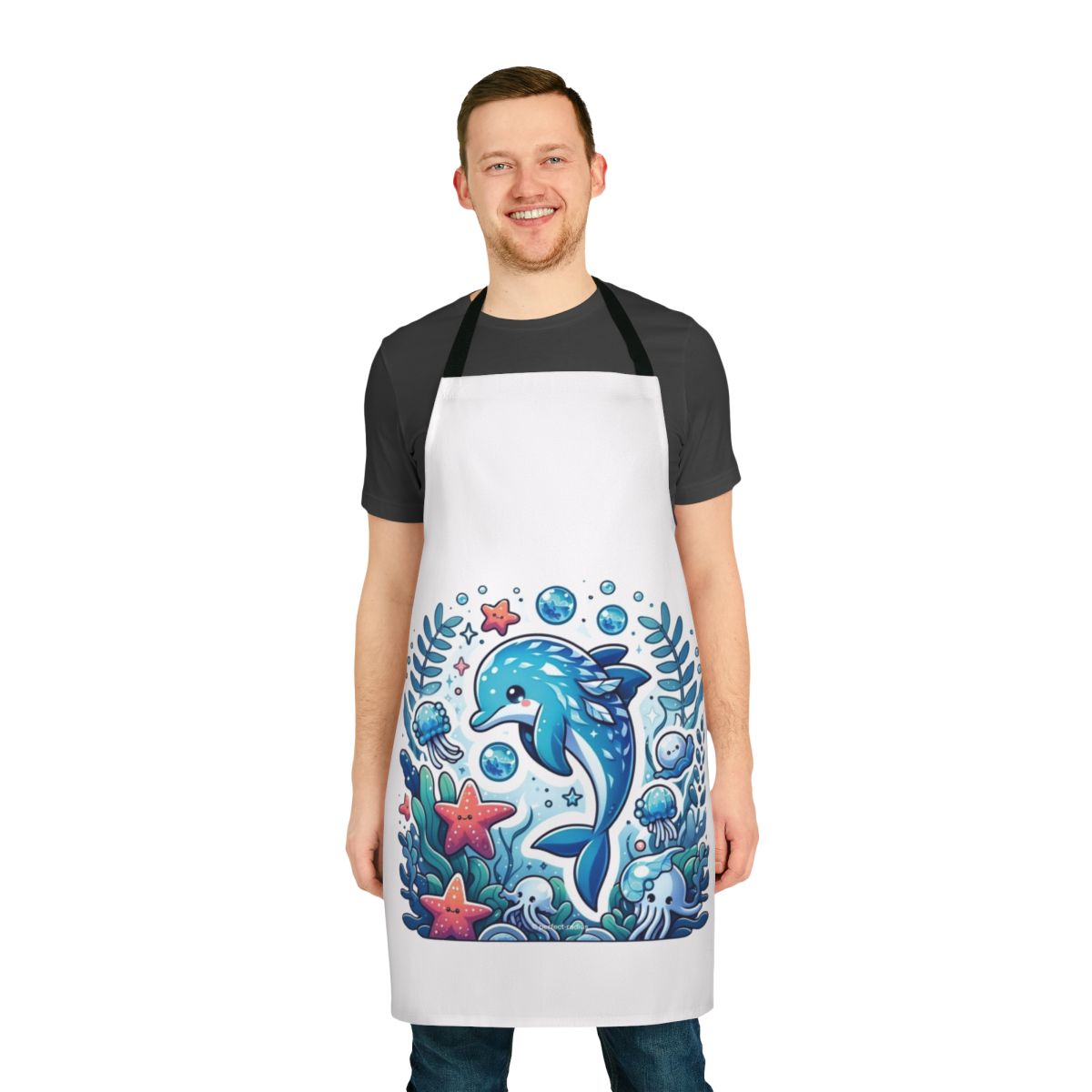 Illustration of a whimsical, ice-blue dolphin-like creature wearing a decorative apron