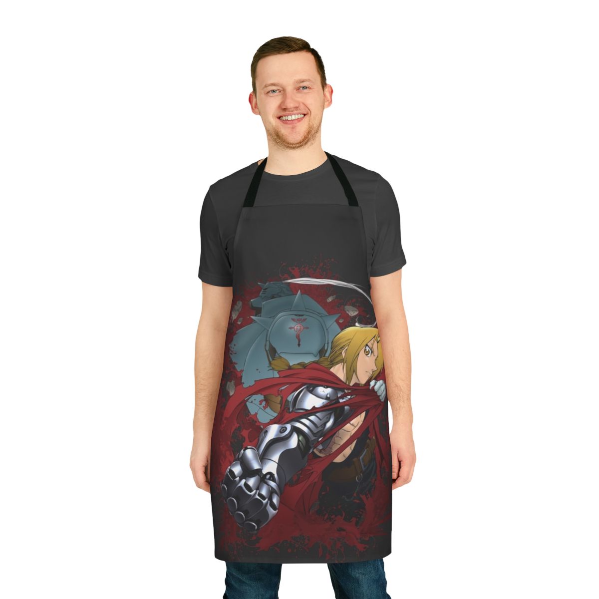 Fullmetal Alchemist-themed apron featuring the iconic characters and symbols from the beloved anime series.