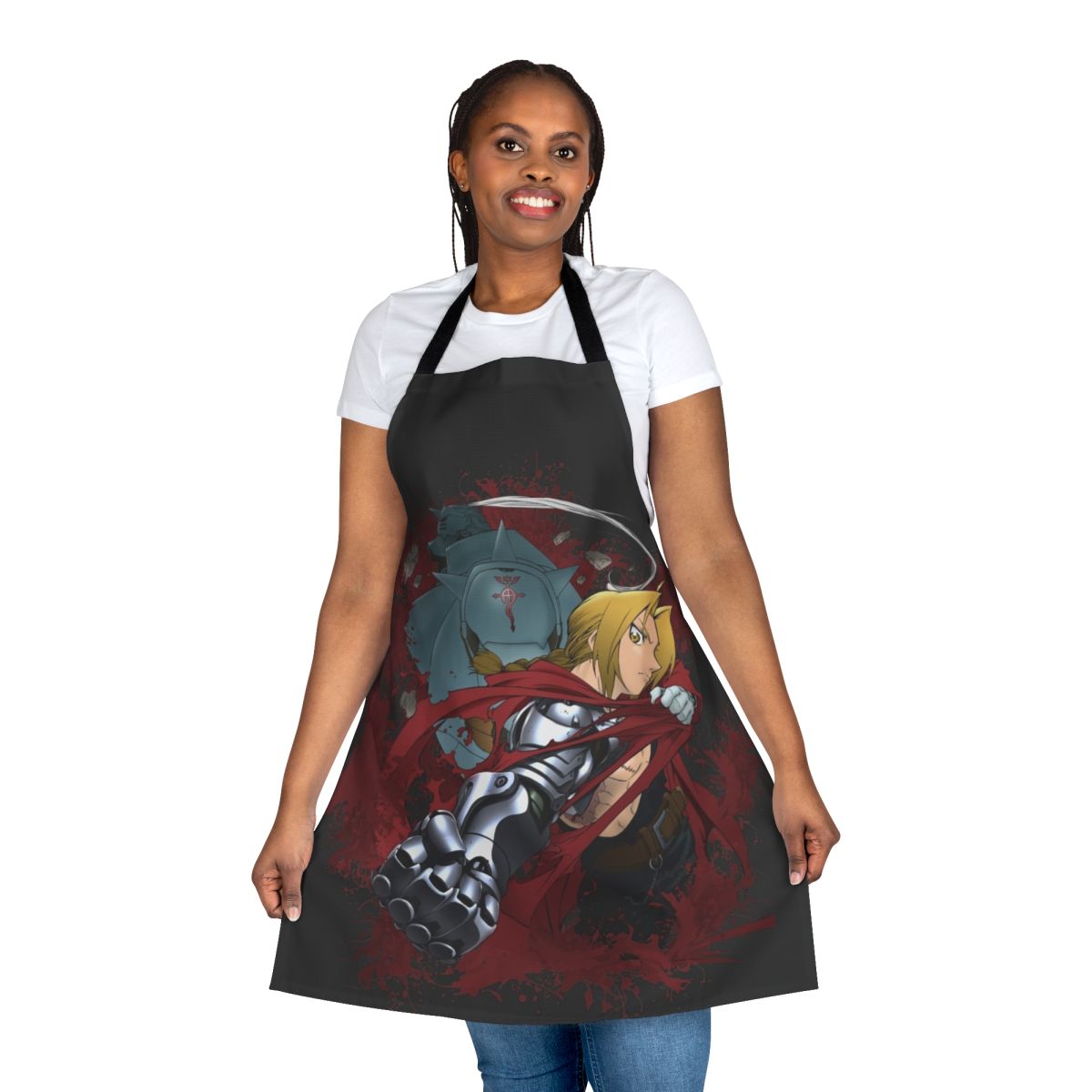 Fullmetal Alchemist-themed apron featuring the iconic characters and symbols from the beloved anime series.
