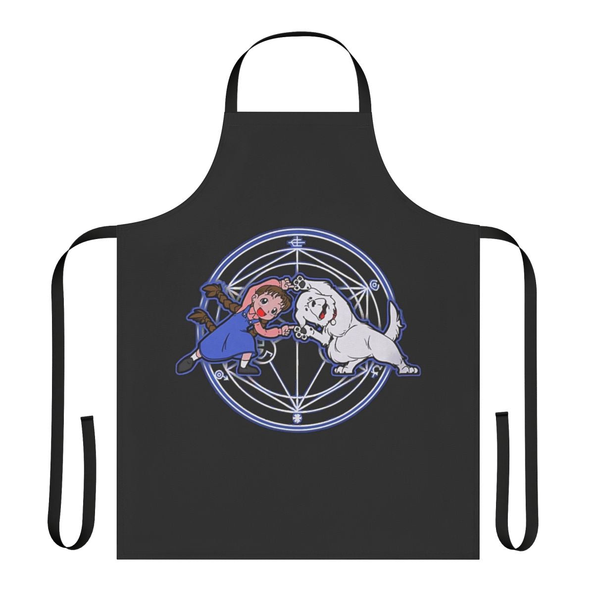 "Fullmetal Fusion Inspired Apron, featuring characters and themes from the beloved anime and manga series, Fullmetal Alchemist"