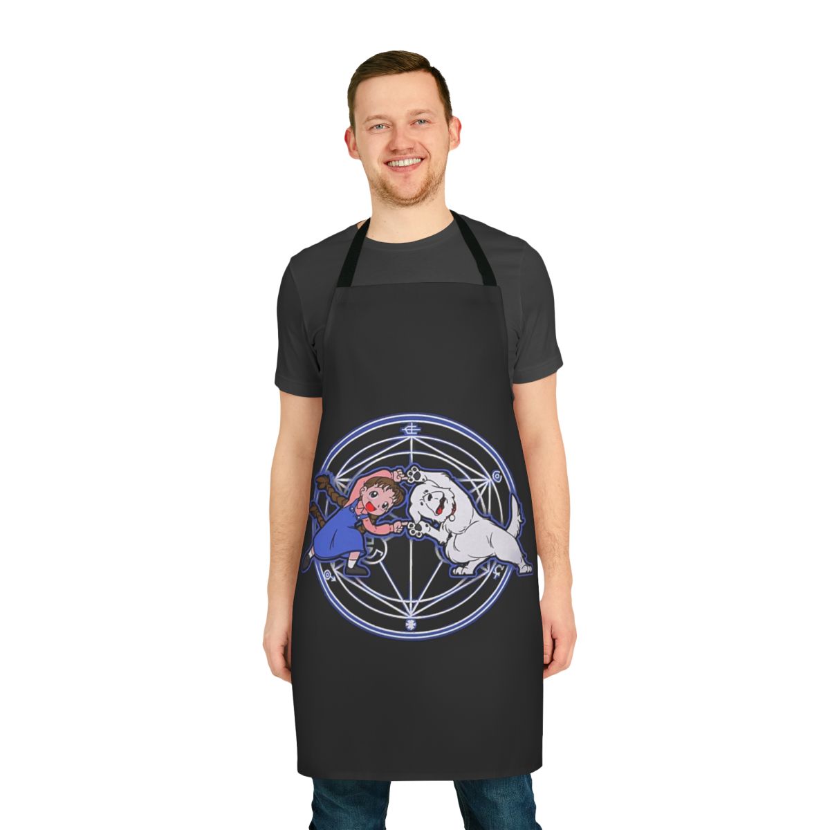 "Fullmetal Fusion Inspired Apron, featuring characters and themes from the beloved anime and manga series, Fullmetal Alchemist"