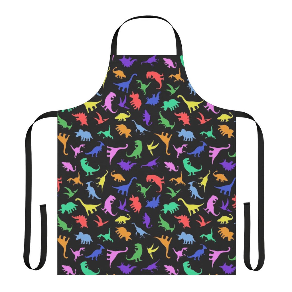 A black apron with a vibrant, colorful dinosaur pattern design.