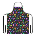 A black apron with a vibrant, colorful dinosaur pattern design.
