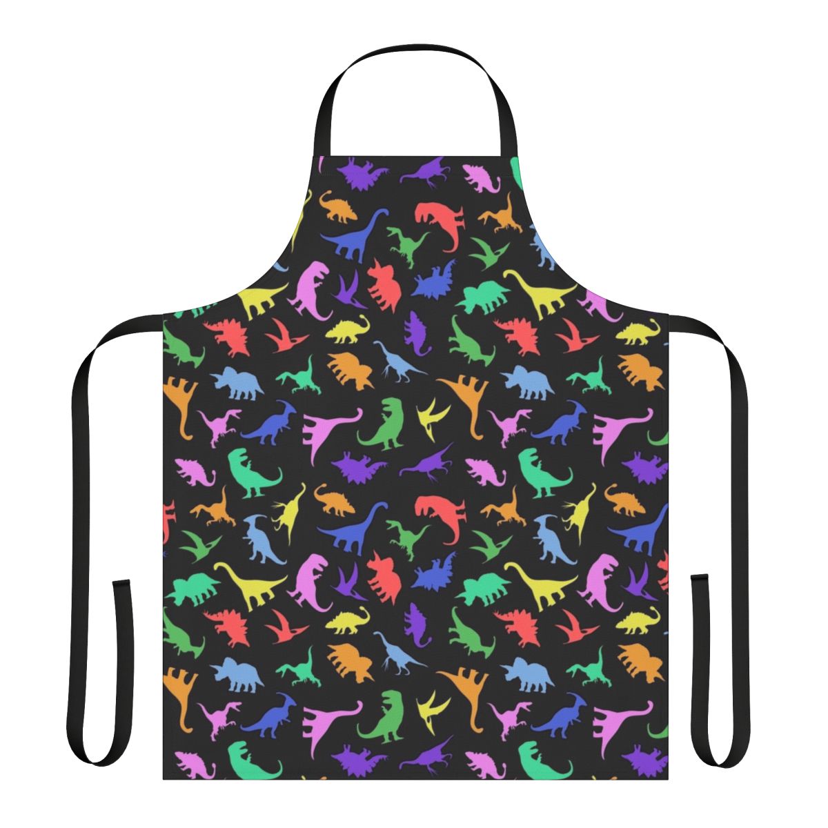 A black apron with a vibrant, colorful dinosaur pattern design.