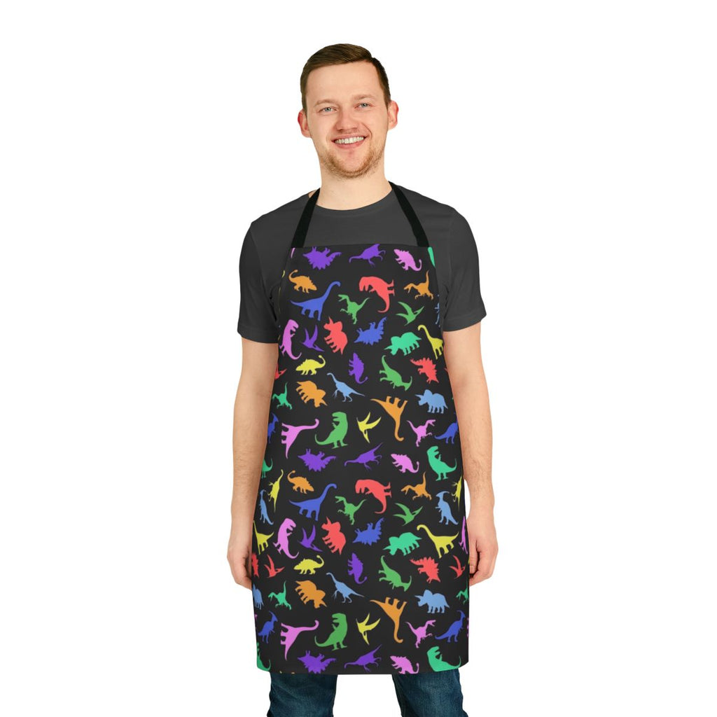 A black apron with a vibrant, colorful dinosaur pattern design.