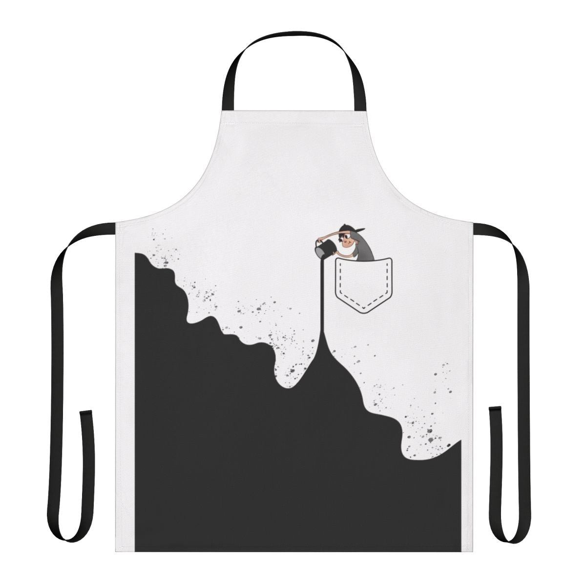 A cartoon character holding a black paint bucket, wearing a sea-themed apron