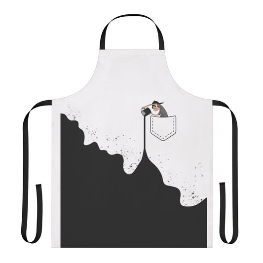 A cartoon character holding a black paint bucket, wearing a sea-themed apron