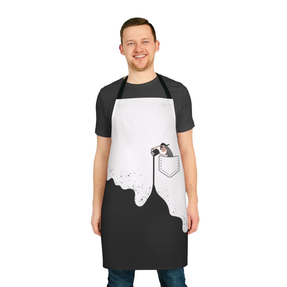 A cartoon character holding a black paint bucket, wearing a sea-themed apron