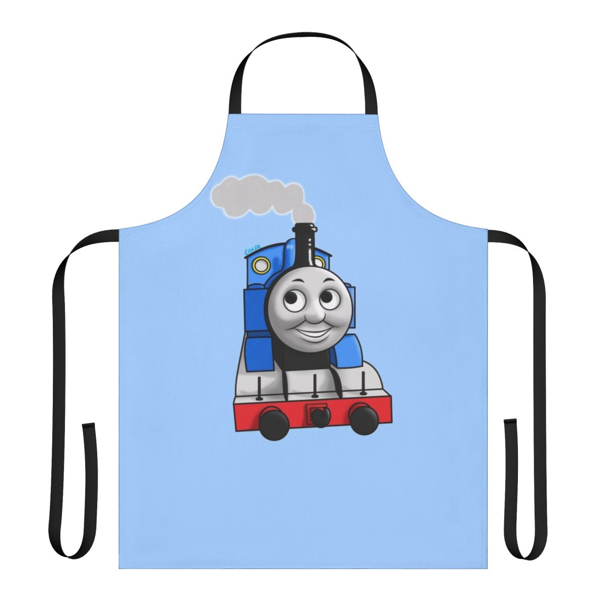 A colorful apron featuring the beloved Thomas the Tank Engine and his railway friends.