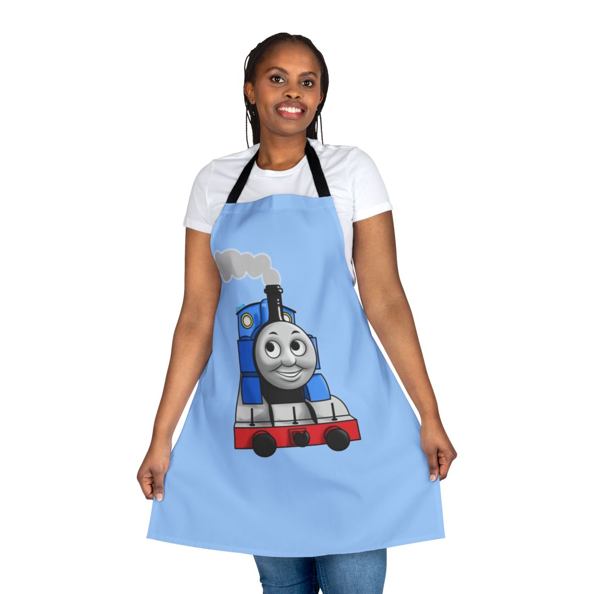 A colorful apron featuring the beloved Thomas the Tank Engine and his railway friends.