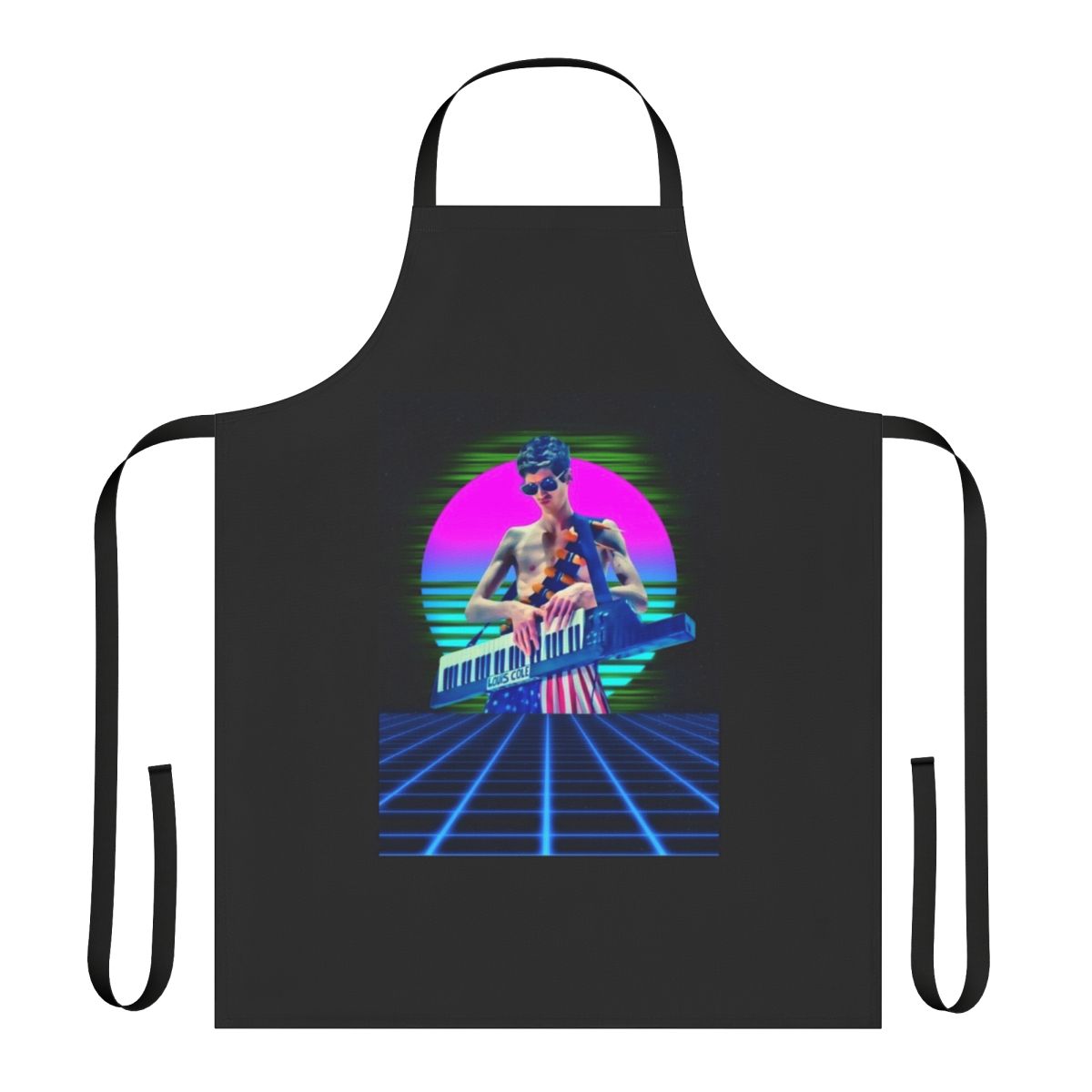 Funky retro graphic apron featuring a stylized design inspired by musician Louis Cole