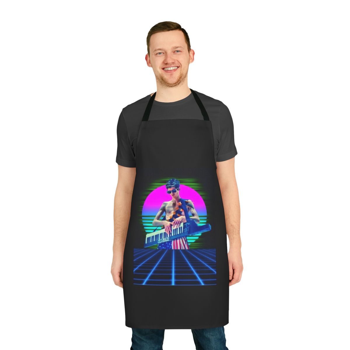 Funky retro graphic apron featuring a stylized design inspired by musician Louis Cole