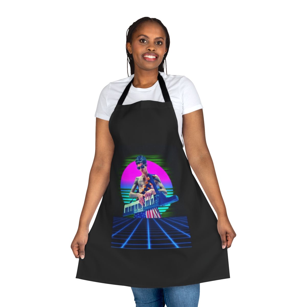 Funky retro graphic apron featuring a stylized design inspired by musician Louis Cole