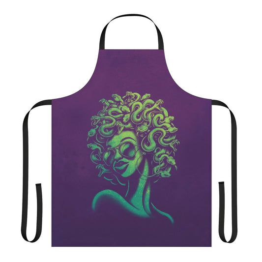 A funky, retro-style apron featuring a mythical Medusa-inspired portrait design with an afro hairstyle and cool sunglasses.