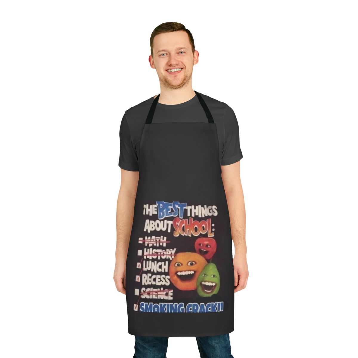 Annoying Orange themed apron with school and kitchen design