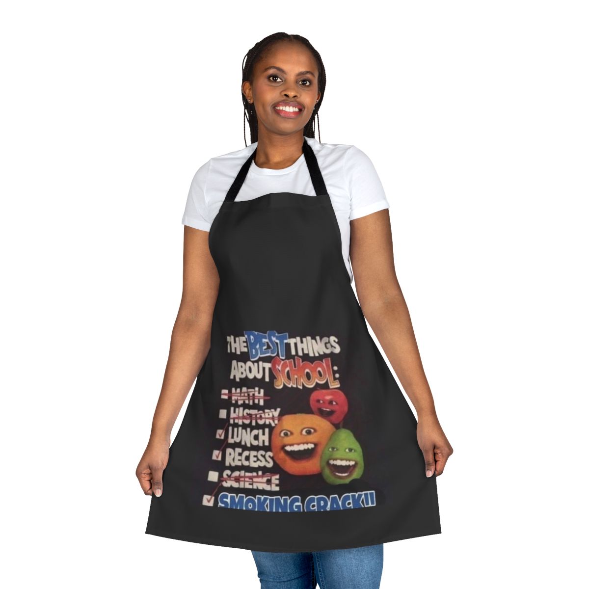 Annoying Orange themed apron with school and kitchen design