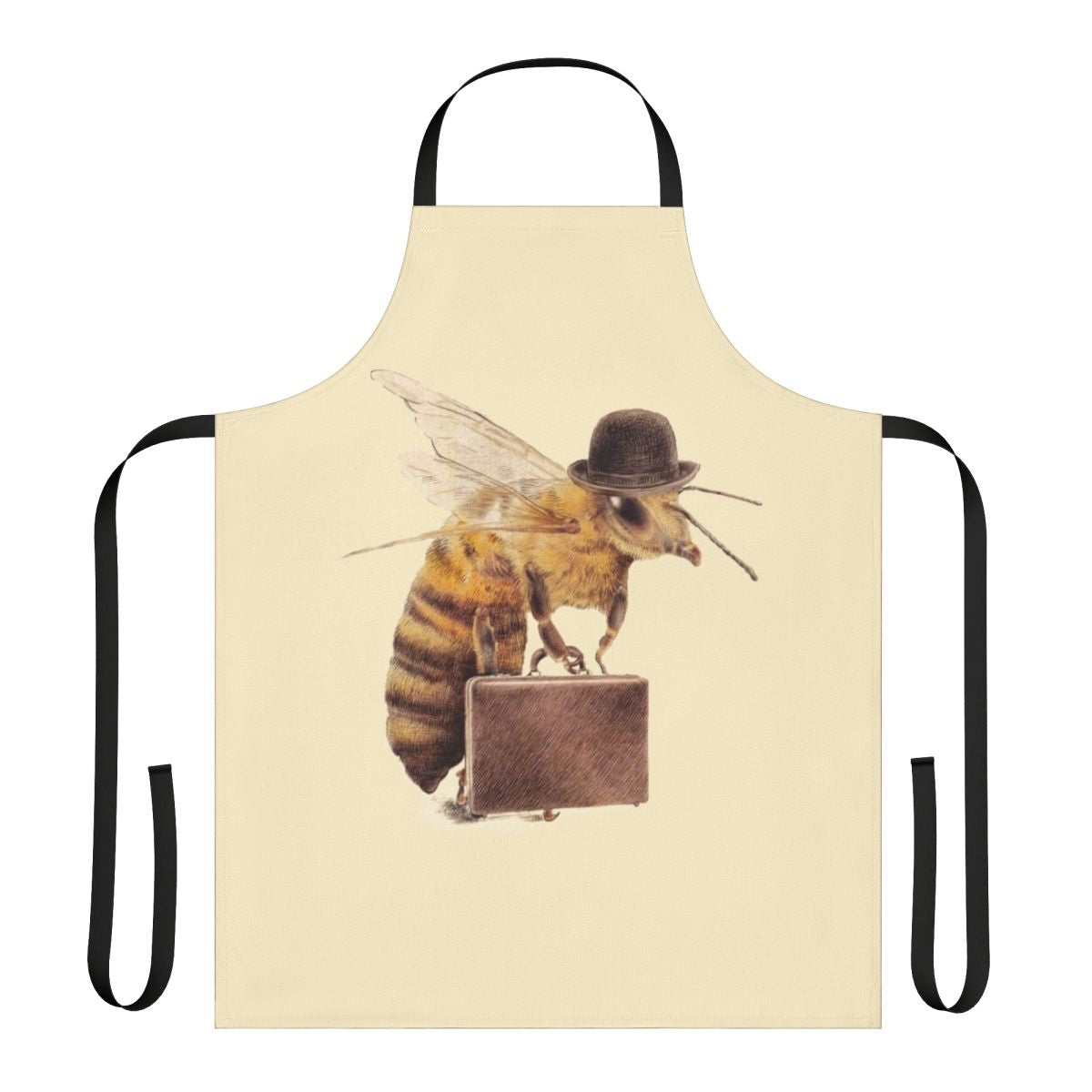 A quirky and whimsical illustration of a worker bee wearing a bowler hat and carrying a briefcase, printed on a high-quality apron.