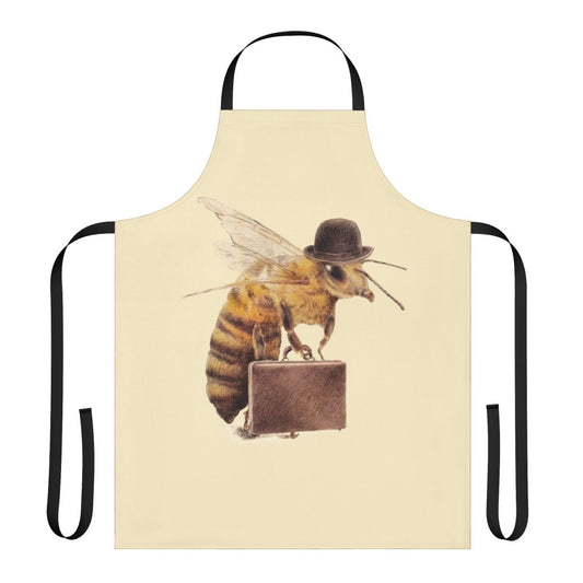 A quirky and whimsical illustration of a worker bee wearing a bowler hat and carrying a briefcase, printed on a high-quality apron.