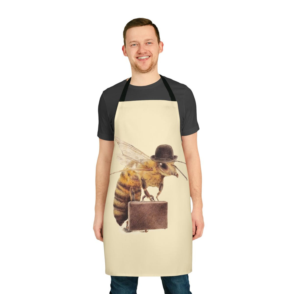 A quirky and whimsical illustration of a worker bee wearing a bowler hat and carrying a briefcase, printed on a high-quality apron.