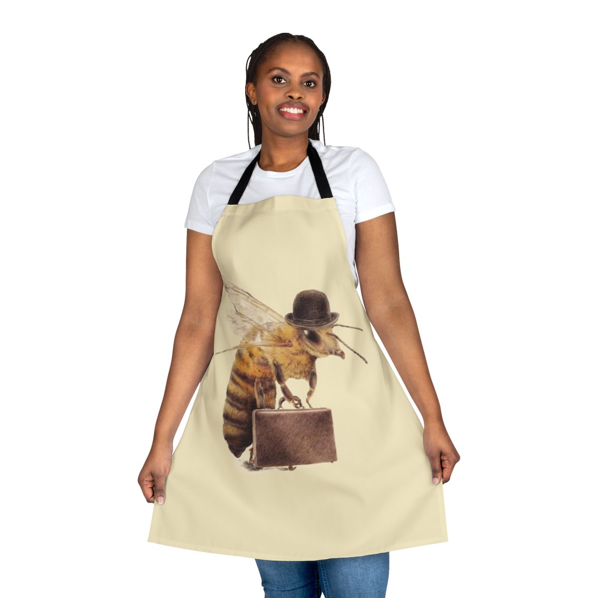 A quirky and whimsical illustration of a worker bee wearing a bowler hat and carrying a briefcase, printed on a high-quality apron.