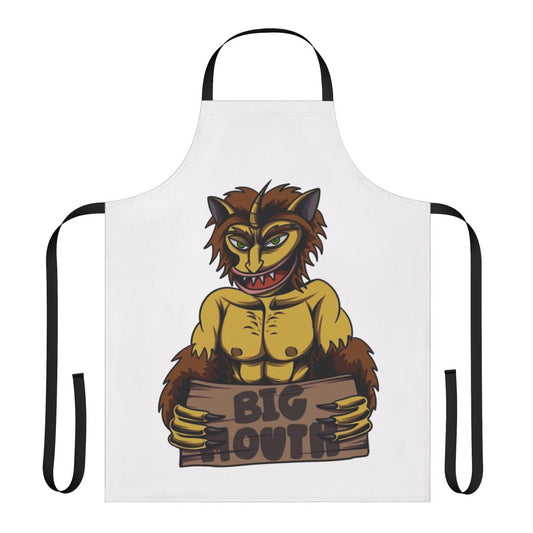 A humorous apron featuring the "Big Mouth" Netflix series' iconic Hormone Monster character.