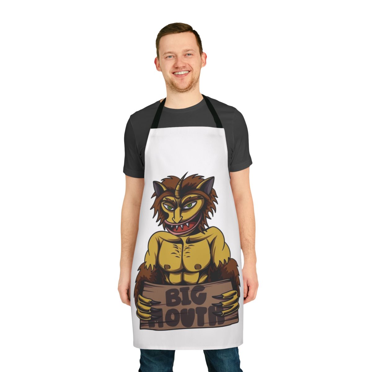 A humorous apron featuring the "Big Mouth" Netflix series' iconic Hormone Monster character.