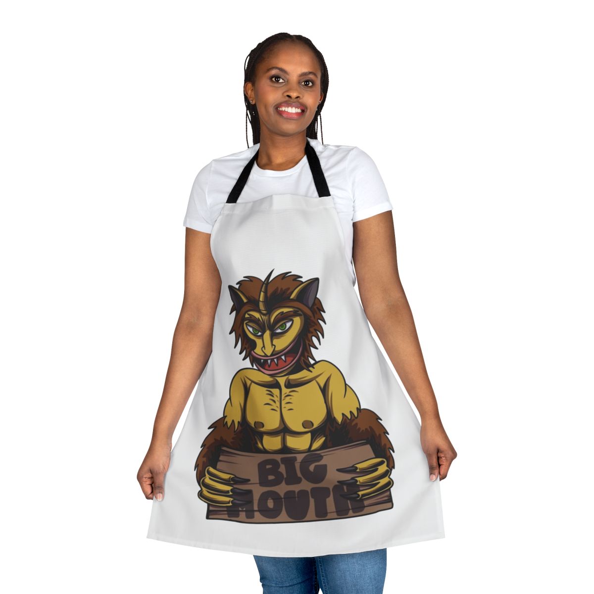 A humorous apron featuring the "Big Mouth" Netflix series' iconic Hormone Monster character.