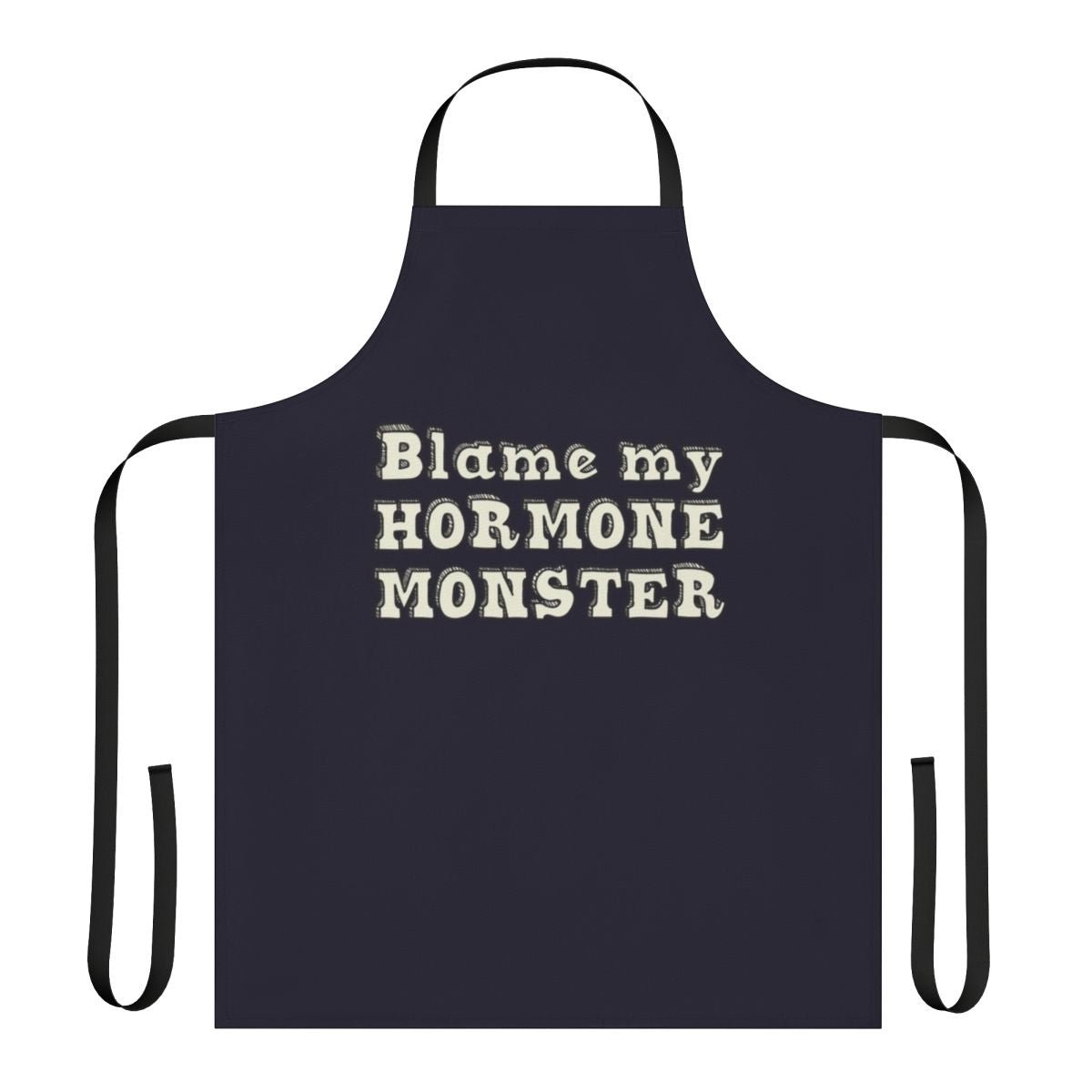 A black apron with an illustration of the Big Mouth hormone monster character from the Netflix animated series.