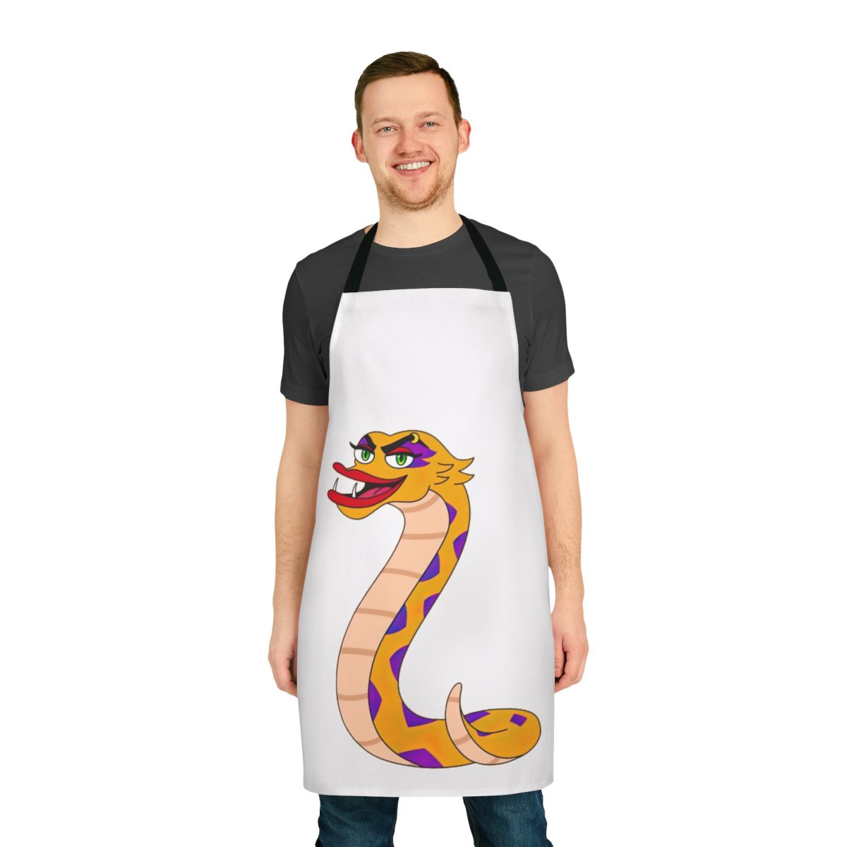 A colorful apron featuring the character Rochelle the Hate Worm from the Netflix series Big Mouth.