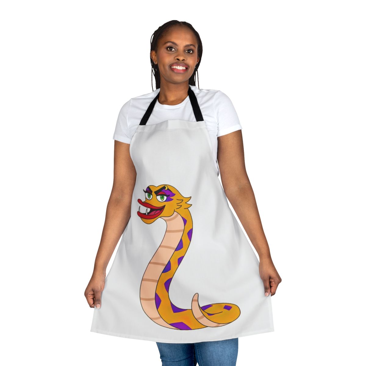 A colorful apron featuring the character Rochelle the Hate Worm from the Netflix series Big Mouth.