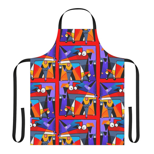 A colorful and humorous apron featuring a cartoon dog design by artist Richard Skipworth