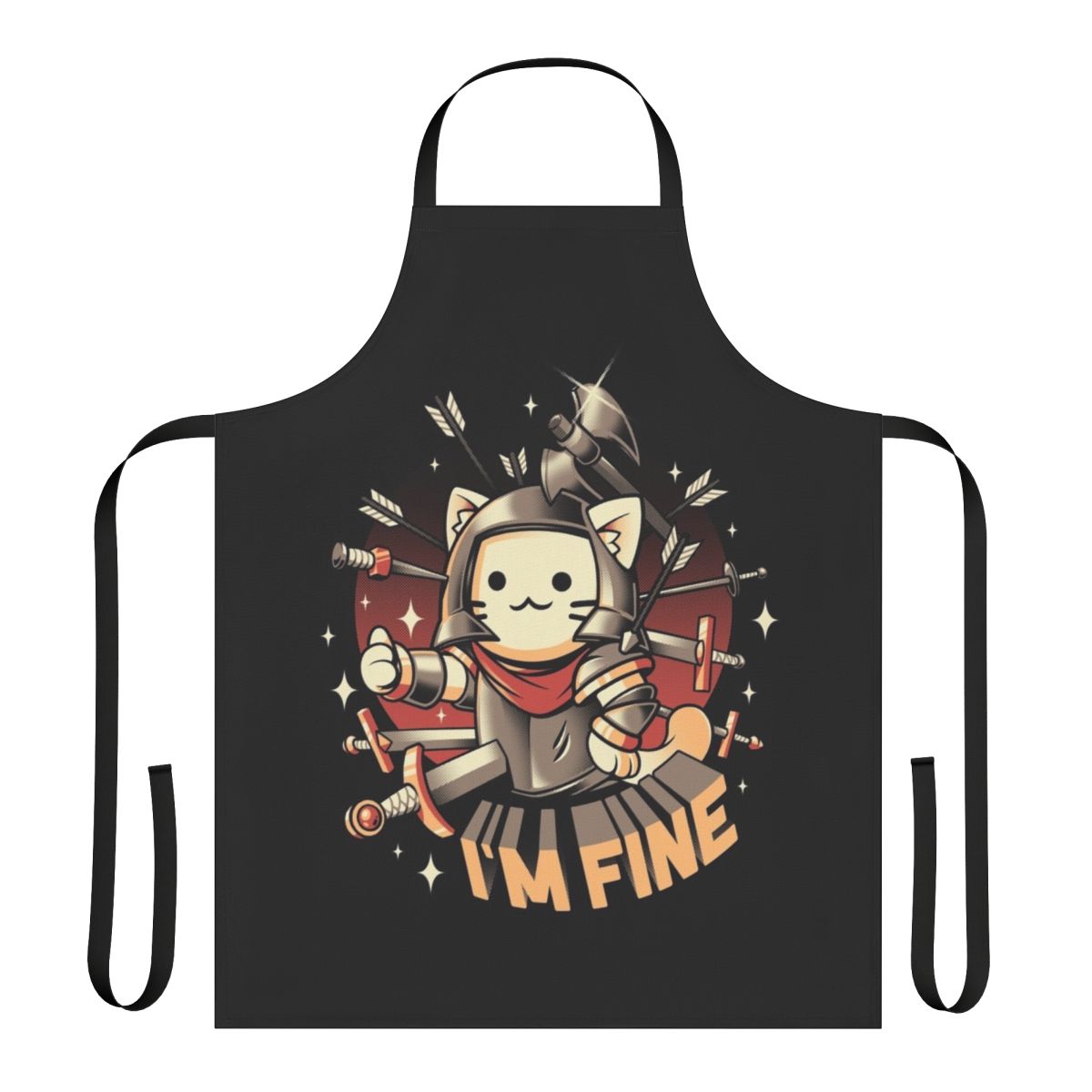 Funny cat-themed fantasy apron with swords, arrows, and medieval elements