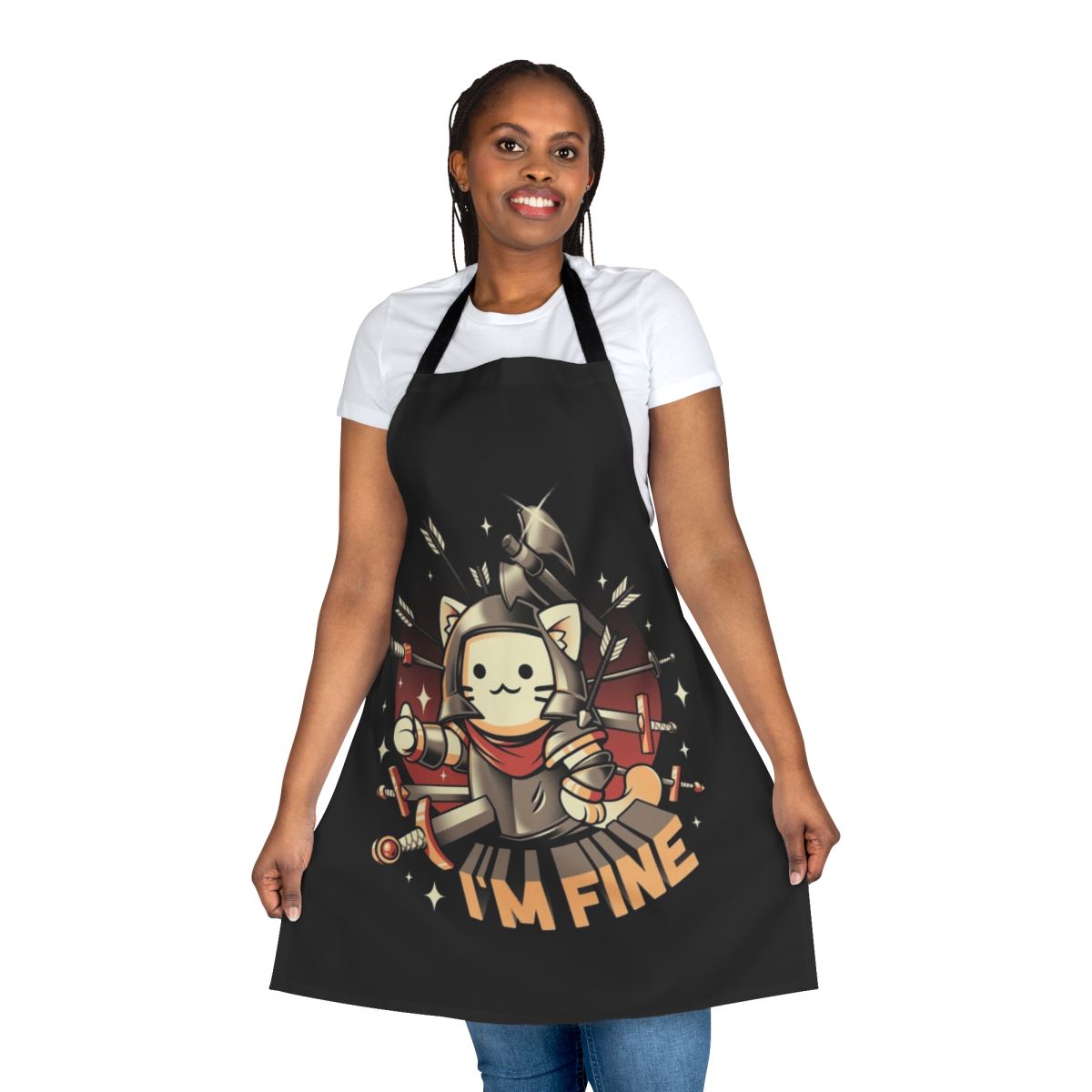 Funny cat-themed fantasy apron with swords, arrows, and medieval elements