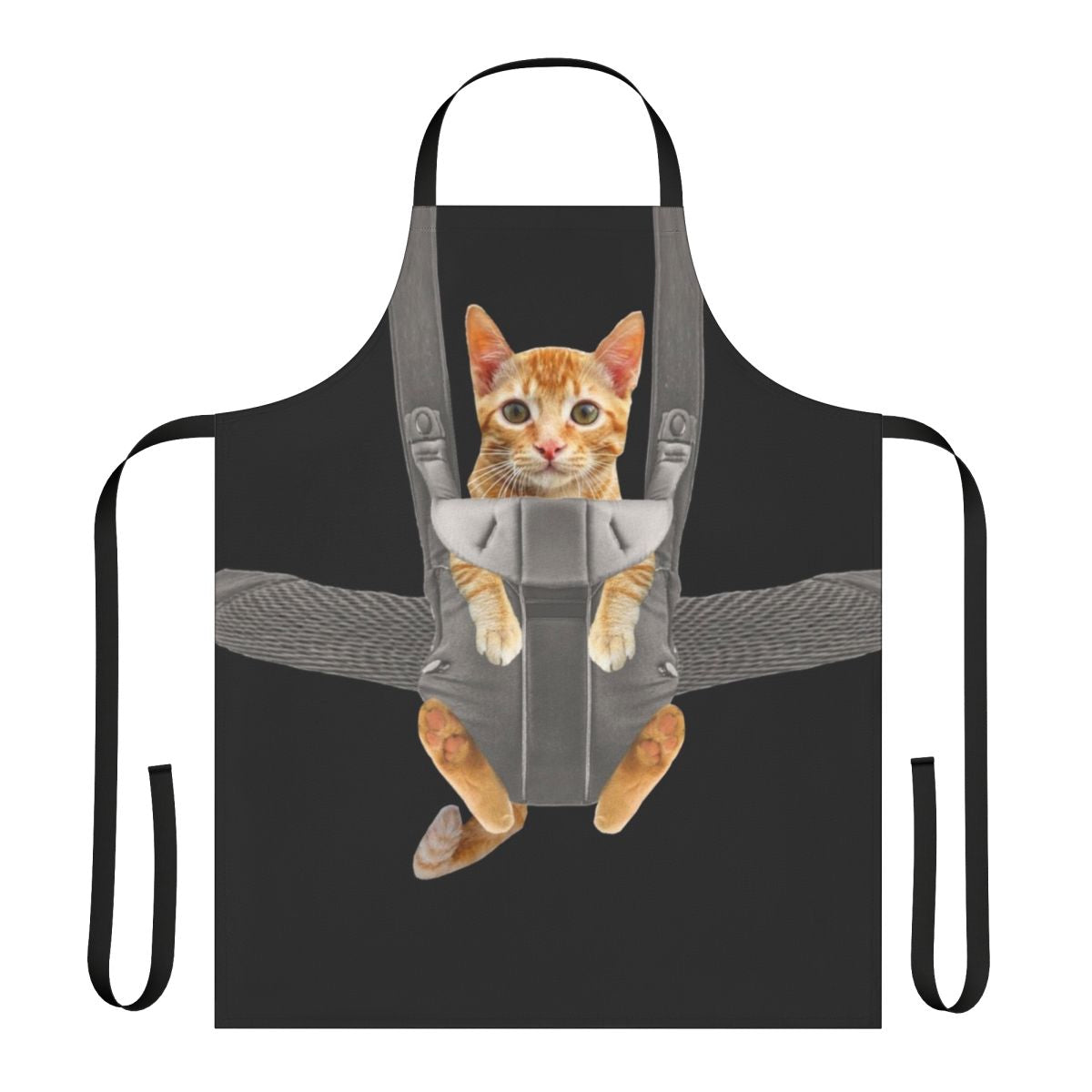Image of an orange cat sitting in a baby carrier, with the text "Monty The Cat In Baby Carrier Apron"