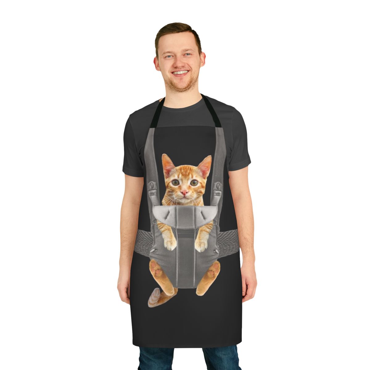 Image of an orange cat sitting in a baby carrier, with the text "Monty The Cat In Baby Carrier Apron"