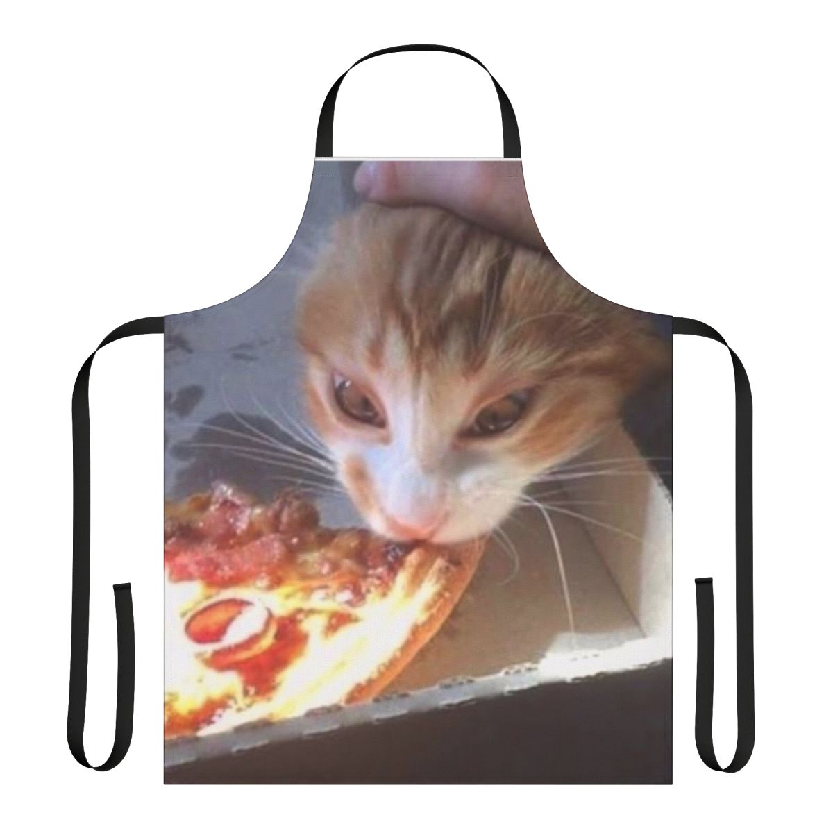 A humorous apron featuring a cat licking a slice of pizza, perfect for fans of cursed memes and shitposts.