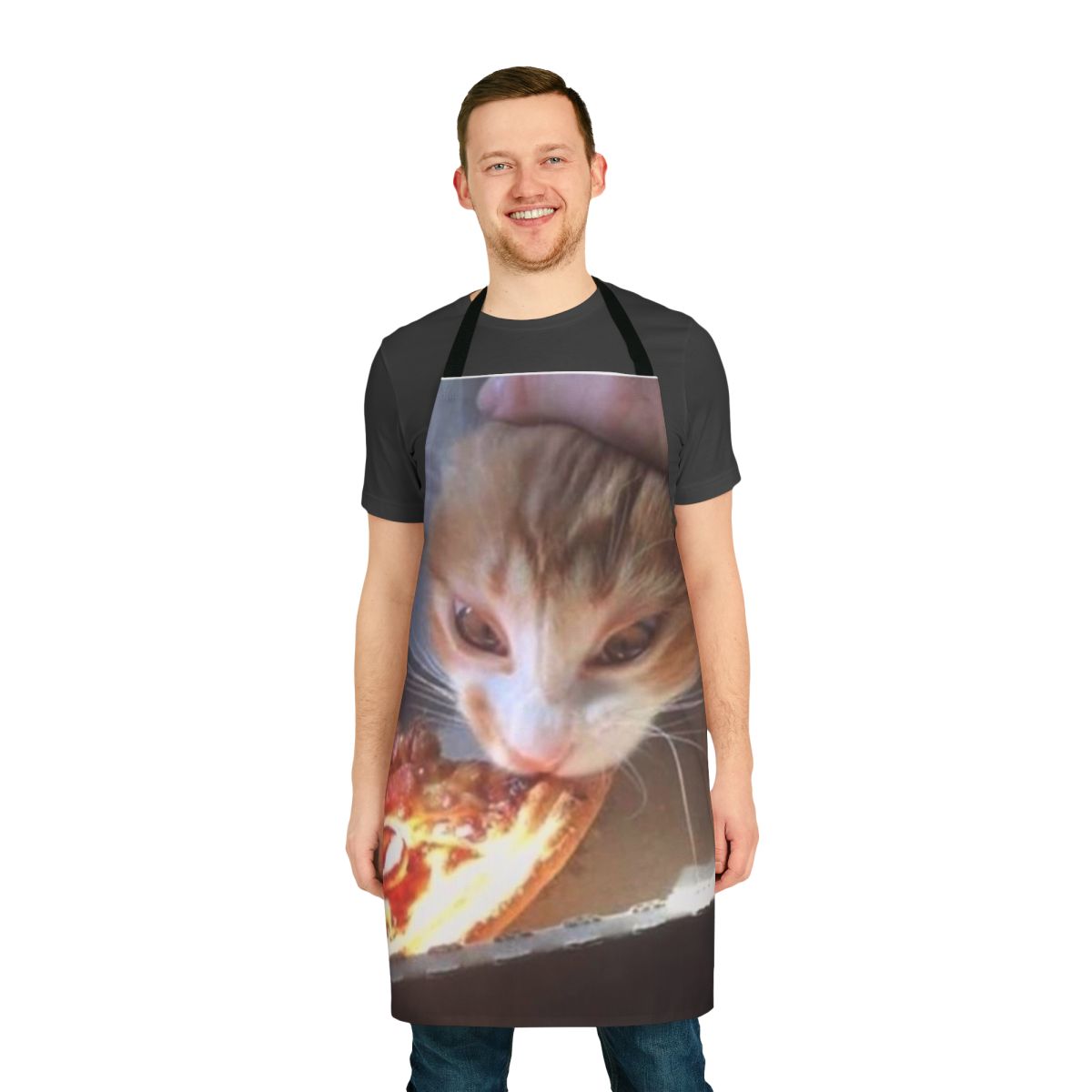 A humorous apron featuring a cat licking a slice of pizza, perfect for fans of cursed memes and shitposts.