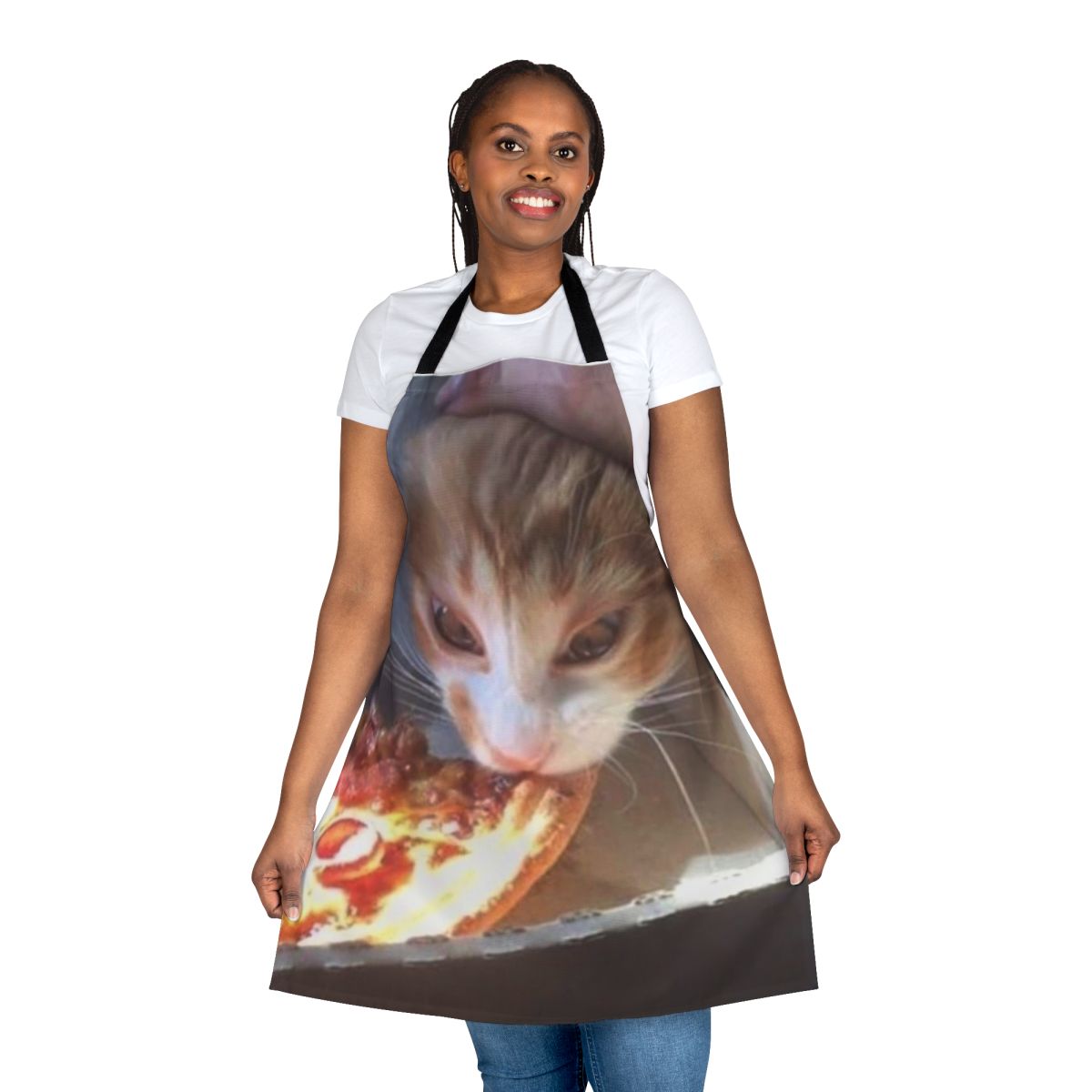 A humorous apron featuring a cat licking a slice of pizza, perfect for fans of cursed memes and shitposts.