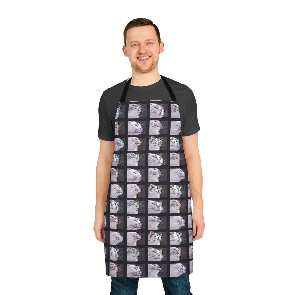 Apron featuring a funny cat vibing and dancing to music, a popular internet meme
